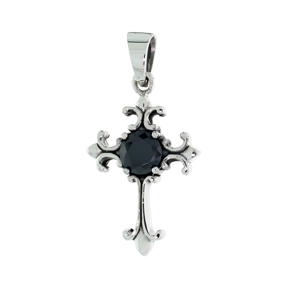 STERLING SILVER NATIVITY CROSS NECKLACE W/ LARGE BLACK CZ, 1 1/16 INCH TALL