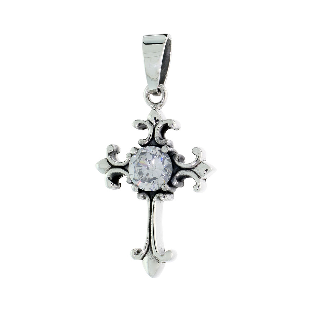 STERLING SILVER NATIVITY CROSS NECKLACE W/ LARGE CLEAR CZ, 1 1/16 INCH TALL