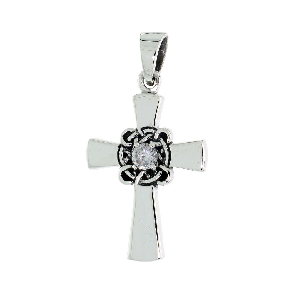 STERLING SILVER CELTIC CROSS NECKLACE PLAIN CLEAR CZ, 1 1/8 INCH TALL