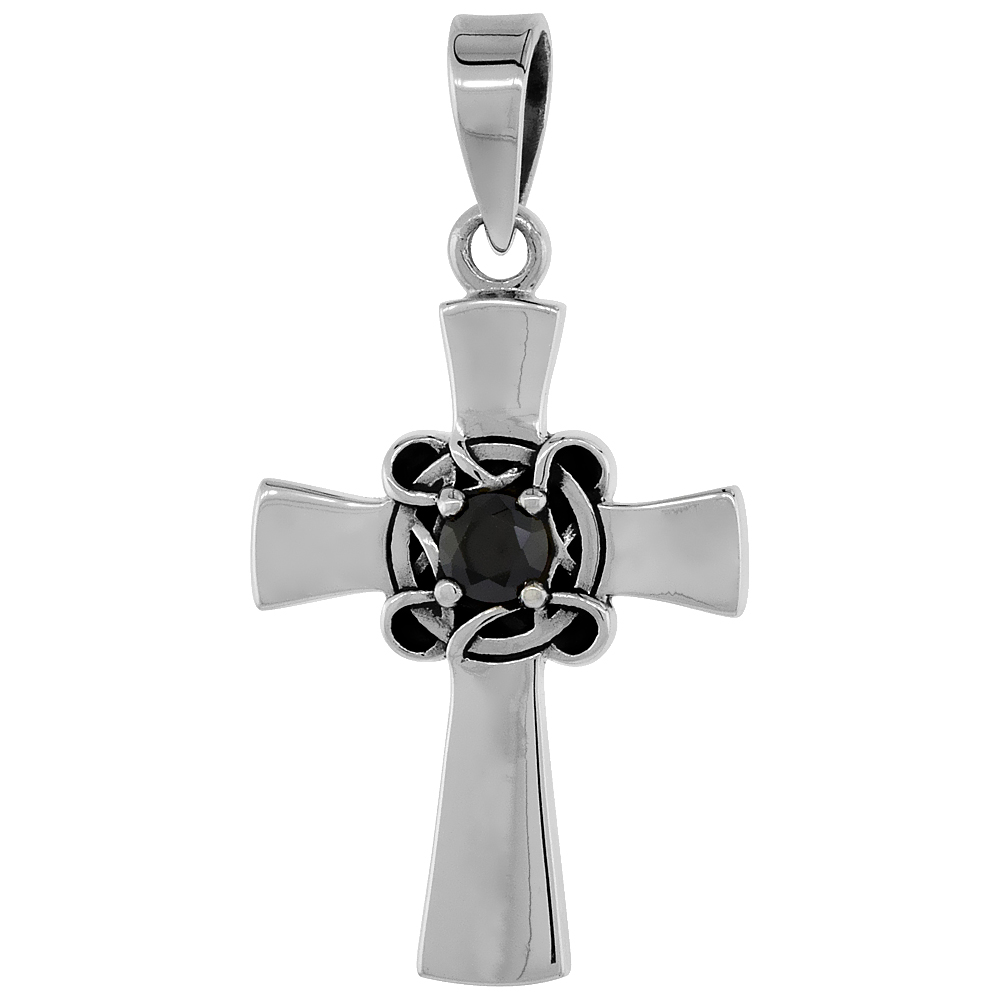 STERLING SILVER CELTIC CROSS NECKLACE PLAIN BLACK CZ, 1 1/8 INCH TALL