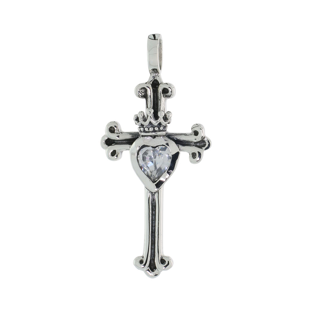 STERLING SILVER CLADDAGH CROSS NECKLACE W/ CLEAR CZ, 1 1/4 INCH TALL