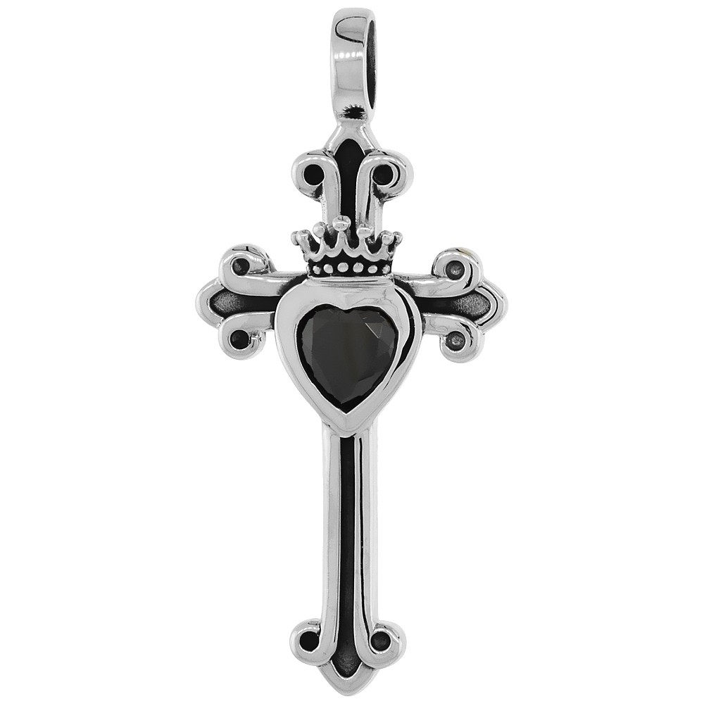 STERLING SILVER CLADDAGH CROSS NECKLACE W/ BLACK CZ, 1 1/4 INCH TALL