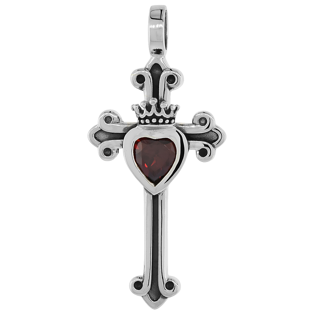STERLING SILVER CLADDAGH CROSS NECKLACE W/ CLEAR CZ, 1 1/4 INCH TALL