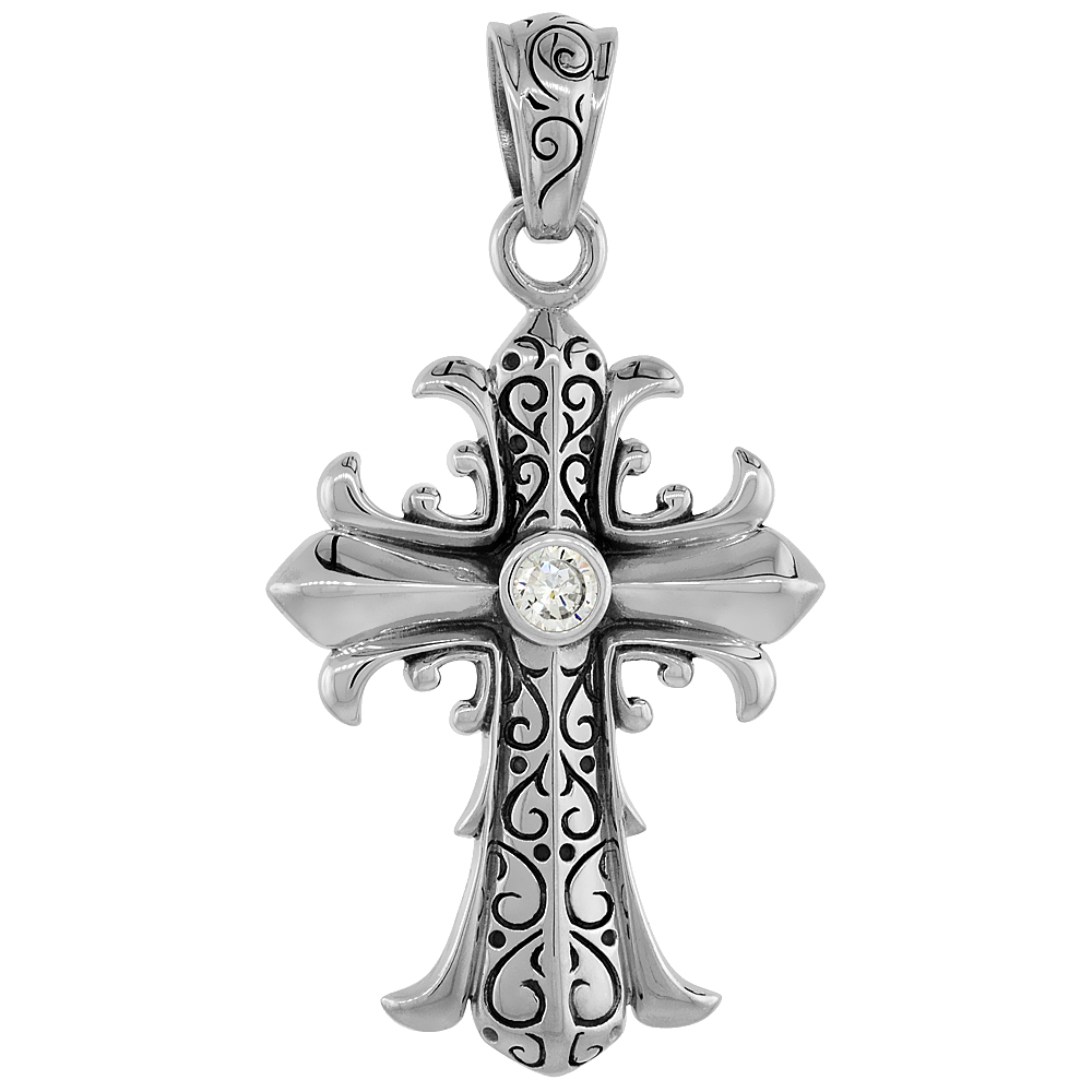 STERLING SILVER FLEUR DE LIS CROSS NECKLACE CLEAR CZ, 1 5/8 INCH TALL