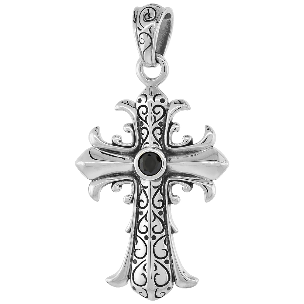 STERLING SILVER FLEUR DE LIS CROSS NECKLACE BLACK CZ, 1 5/8 INCH TALL