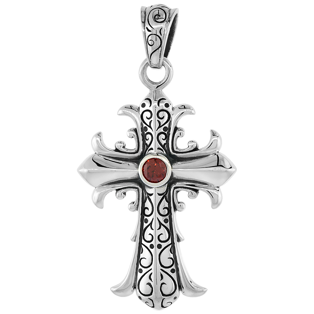 STERLING SILVER FLEUR DE LIS CROSS NECKLACE RED CZ, 1 5/8 INCH TALL