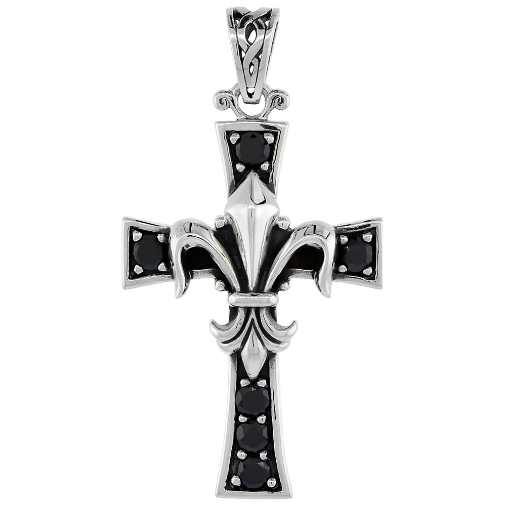 STERLING SILVER FLEUR DE LIS CROSS NECKLACE W/ BLACK CZ STONES, 1 1/2 INCH TALL
