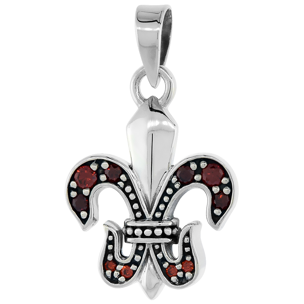 STERLING SILVER FLEUR DE LIS NECKLACE W/ RED CZ STONES, 1 INCH TALL