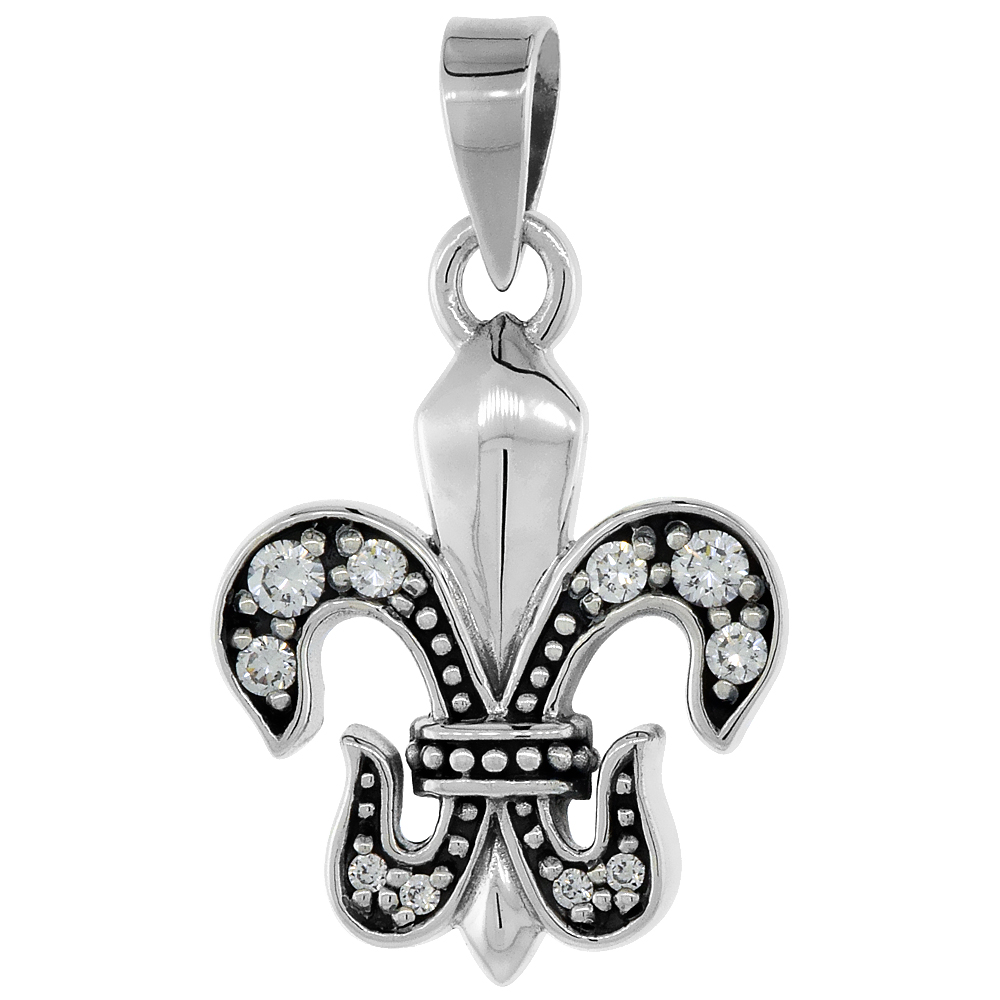 STERLING SILVER FLEUR DE LIS NECKLACE W/ CLEAR CZ STONES, 1 INCH TALL