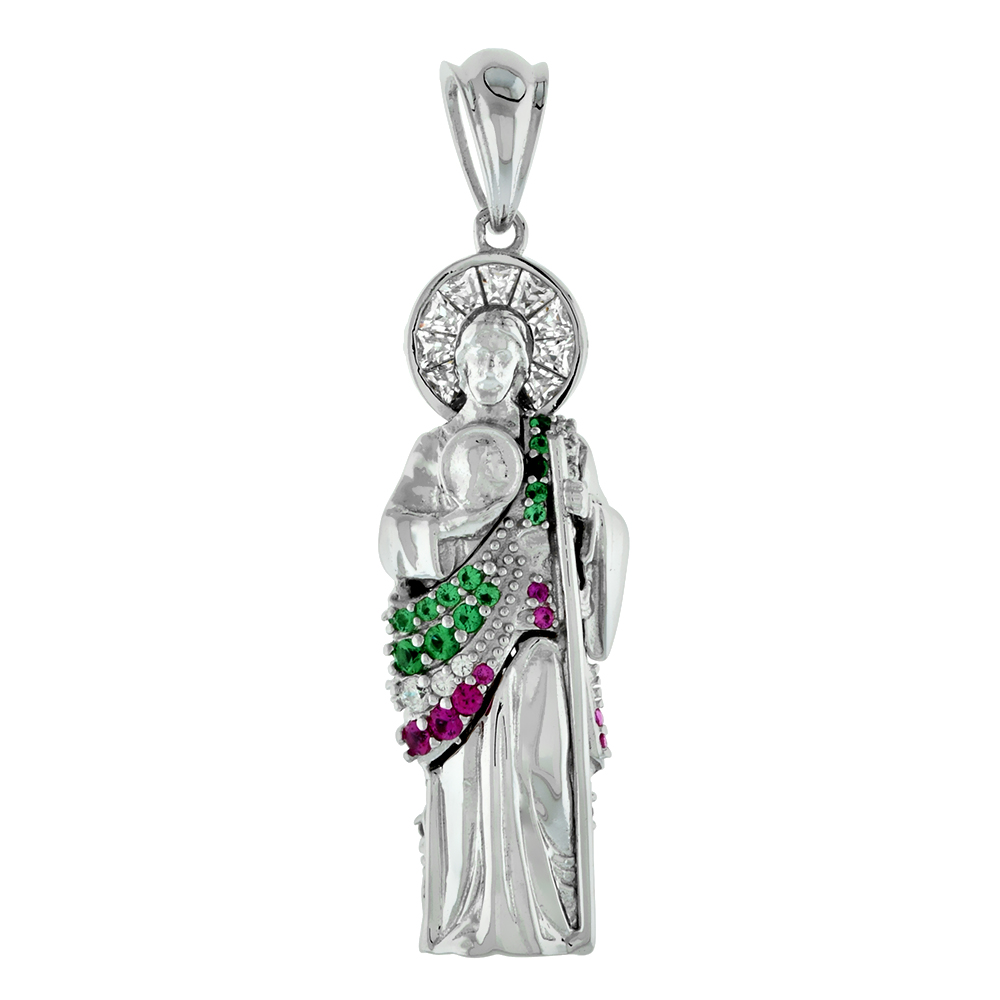 1.5 INCH STERLING SILVER GREEN WHITE RED CUBIC ZIRCONIA ST JUDE PENDANT FOR MEN 3-D RHODIUM FINISH