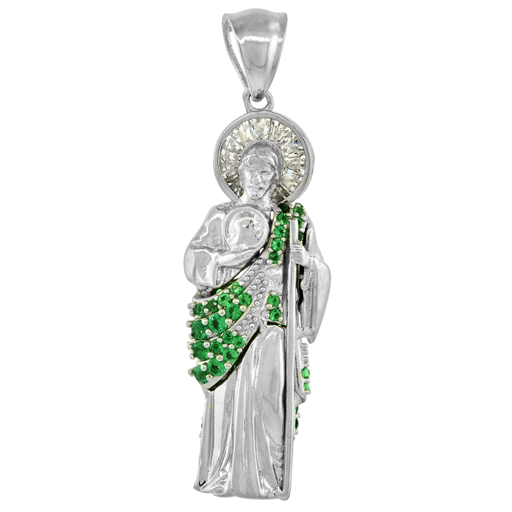 1.5 inch Sterling Silver Green &amp; White Cubic Zirconia St Jude Pendant for Men 3-D Rhodium Finish