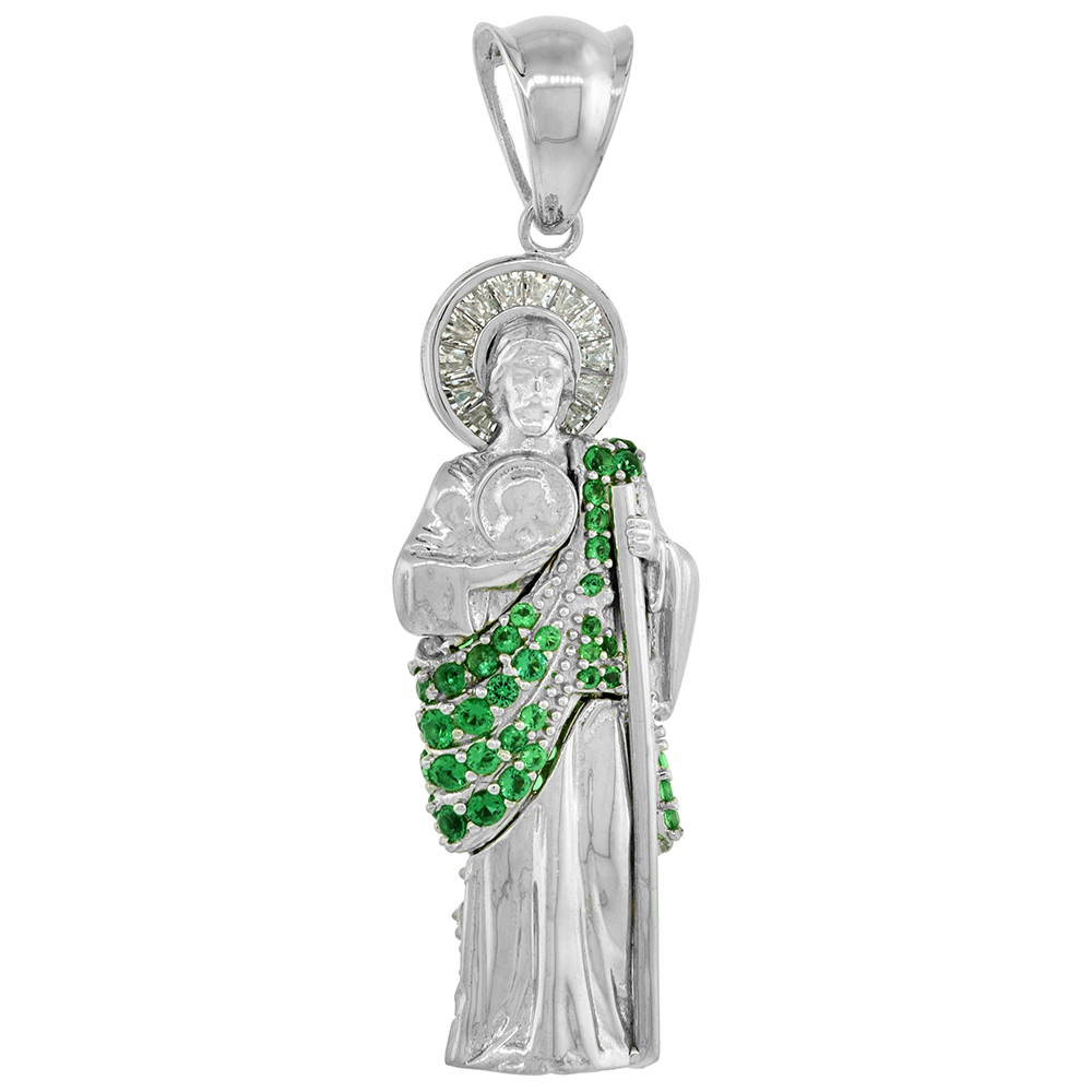 2 inch Sterling Silver Green &amp; White Cubic Zirconia St Jude Pendant for Men 3-D Rhodium Finish