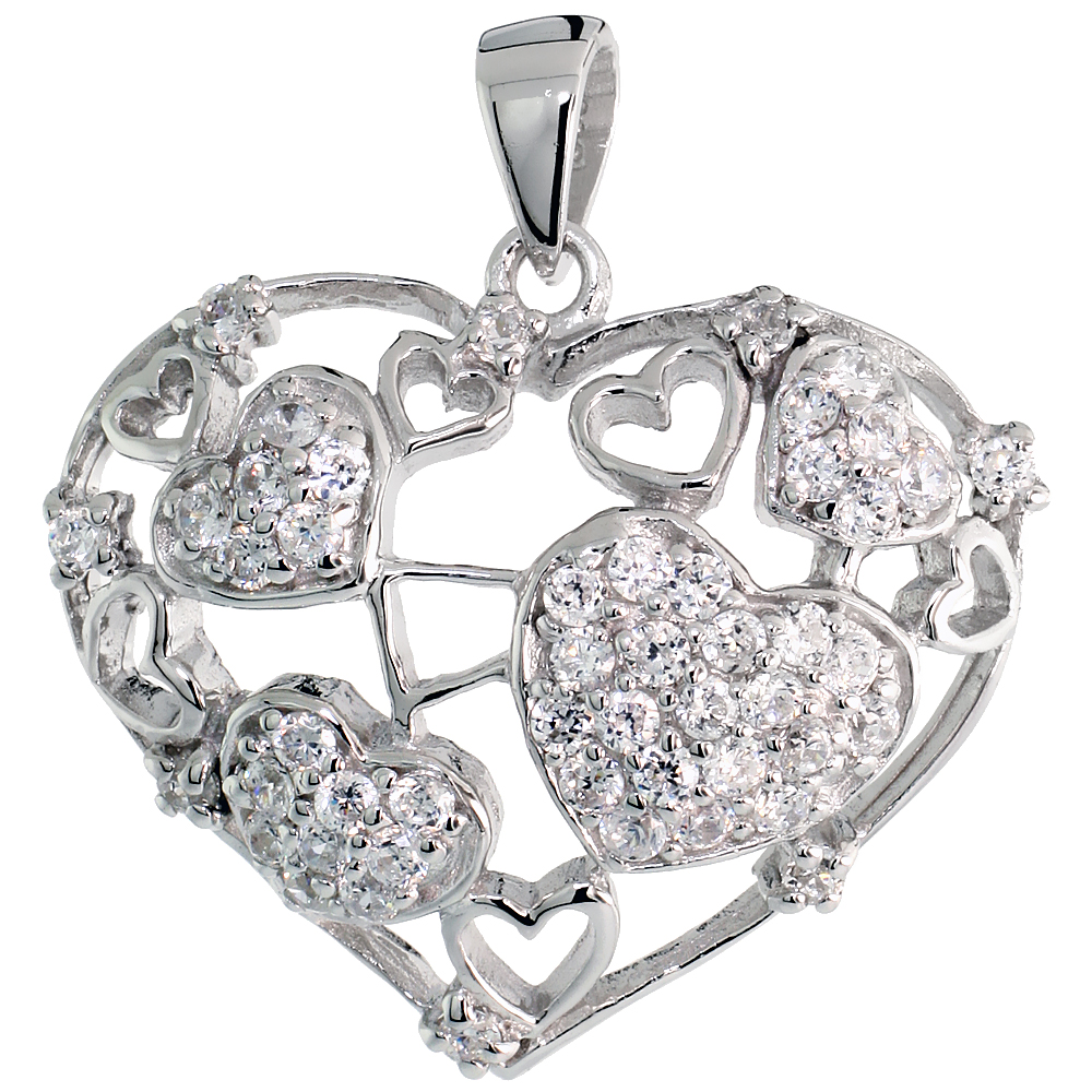 STERLING SILVER HEARTS PENDANT W/ PAVE CZ STONES, 7/8" (23 MM) TALL
