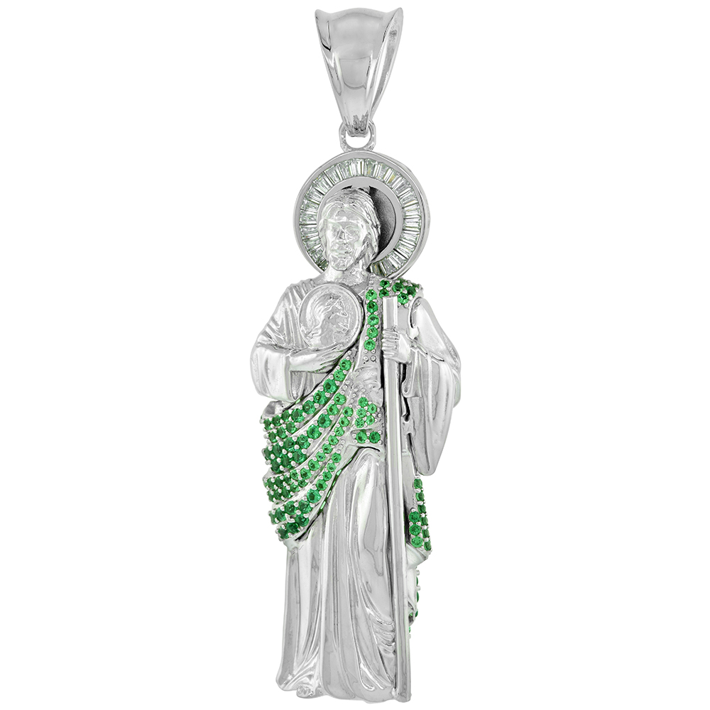 3 inch Large Sterling Silver Green &amp; White Cubic Zirconia St Jude Pendant for Men 3-D Rhodium Finish
