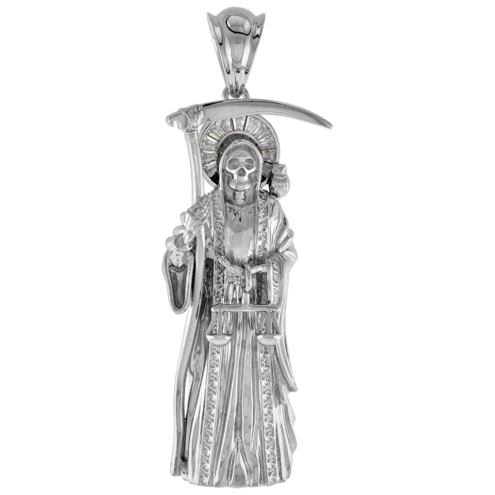 3 INCH LARGE STERLING SILVER CUBIC ZIRCONIA SANTA MUERTE PENDANT FOR MEN SCYTHE SCALES RHODIUM FINISH