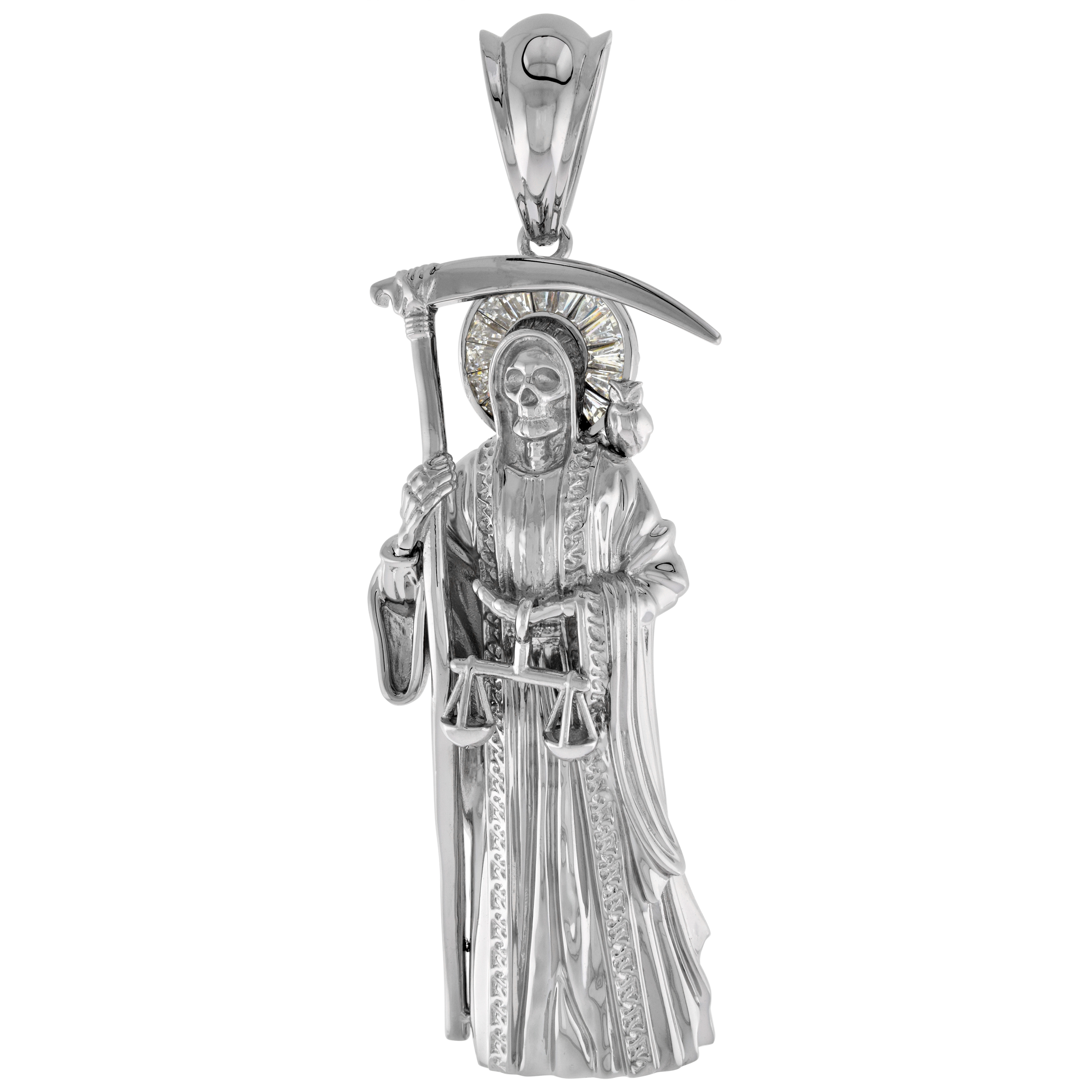 3.5 INCH LARGE STERLING SILVER CUBIC ZIRCONIA SANTA MUERTE PENDANT FOR MEN SCYTHE SCALES RHODIUM FINISH