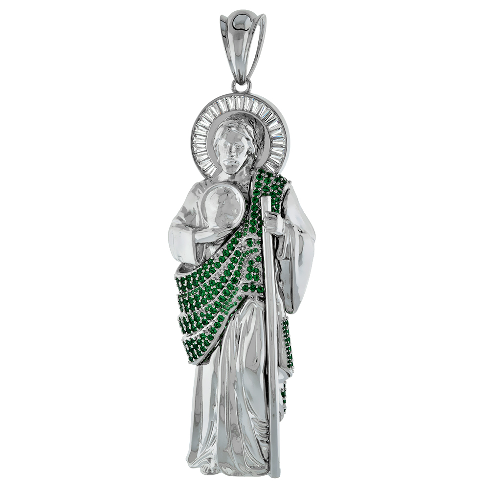 4 inch Large Sterling Silver Green & White Cubic Zirconia St Jude Pendant for Men 3-D Rhodium Finish