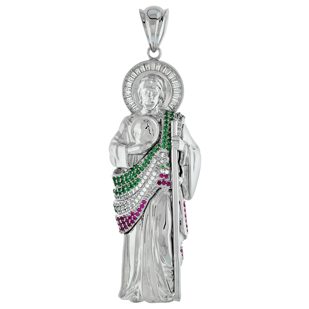 5 INCH VERY LARGE STERLING SILVER GREEN WHITE RED CUBIC ZIRCONIA ST JUDE PENDANT FOR MEN 3-D RHODIUM FINISH