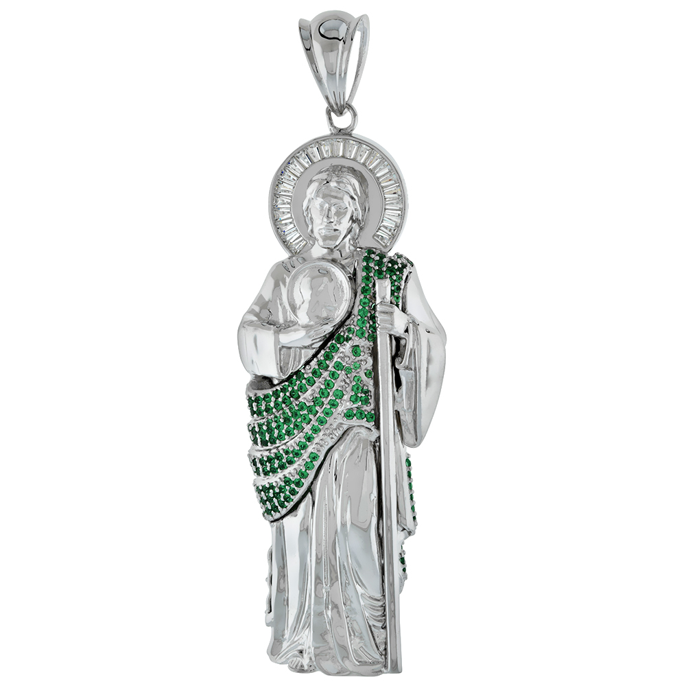 5 INCH VERY LARGE STERLING SILVER GREEN & WHITE CUBIC ZIRCONIA ST JUDE PENDANT FOR MEN 3-D RHODIUM FINISH