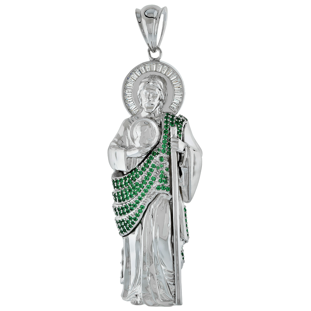5 inch Very Large Sterling Silver Green & White Cubic Zirconia St Jude Pendant for Men 3-D Rhodium Finish