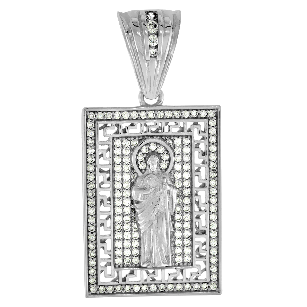 1 inch Sterling Silver Micropave CZ St Jude Pendant for Men Greek Key Cut-out Rectangular Rhodium Finish