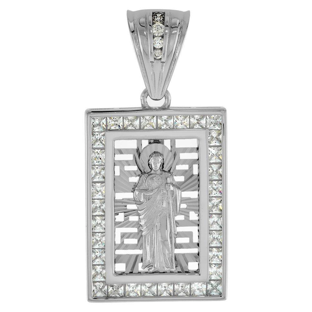 1 INCH STERLING SILVER PRINCESS CZ ST JUDE PENDANT FOR MEN DIAMOND CUT AUREOLE RECTANGULAR RHODIUM FINISH