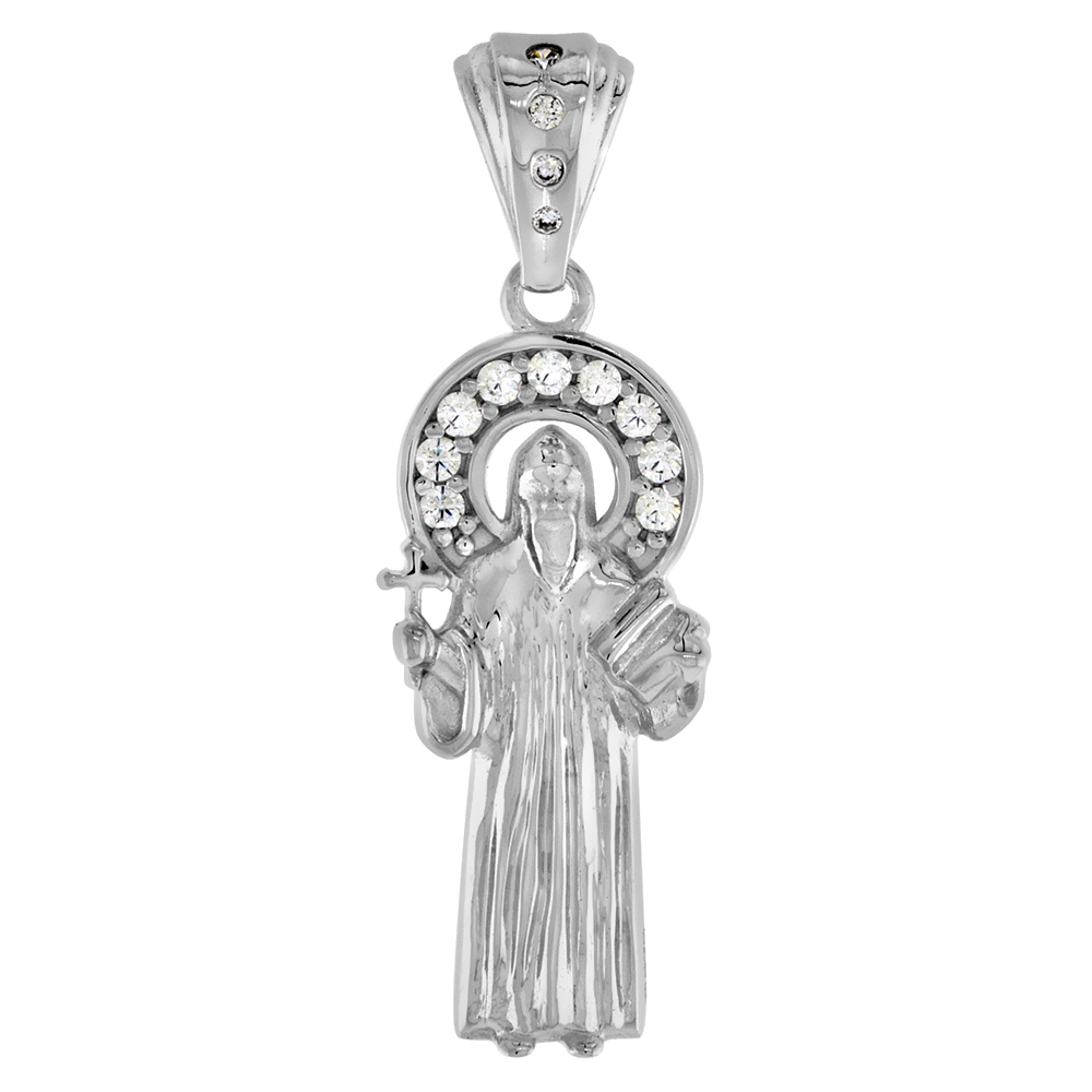 1 INCH STERLING SILVER MICROPAVE CZ HALO ST BENEDICT PENDANT FOR MEN & WOMEN SMALL RHODIUM FINISH