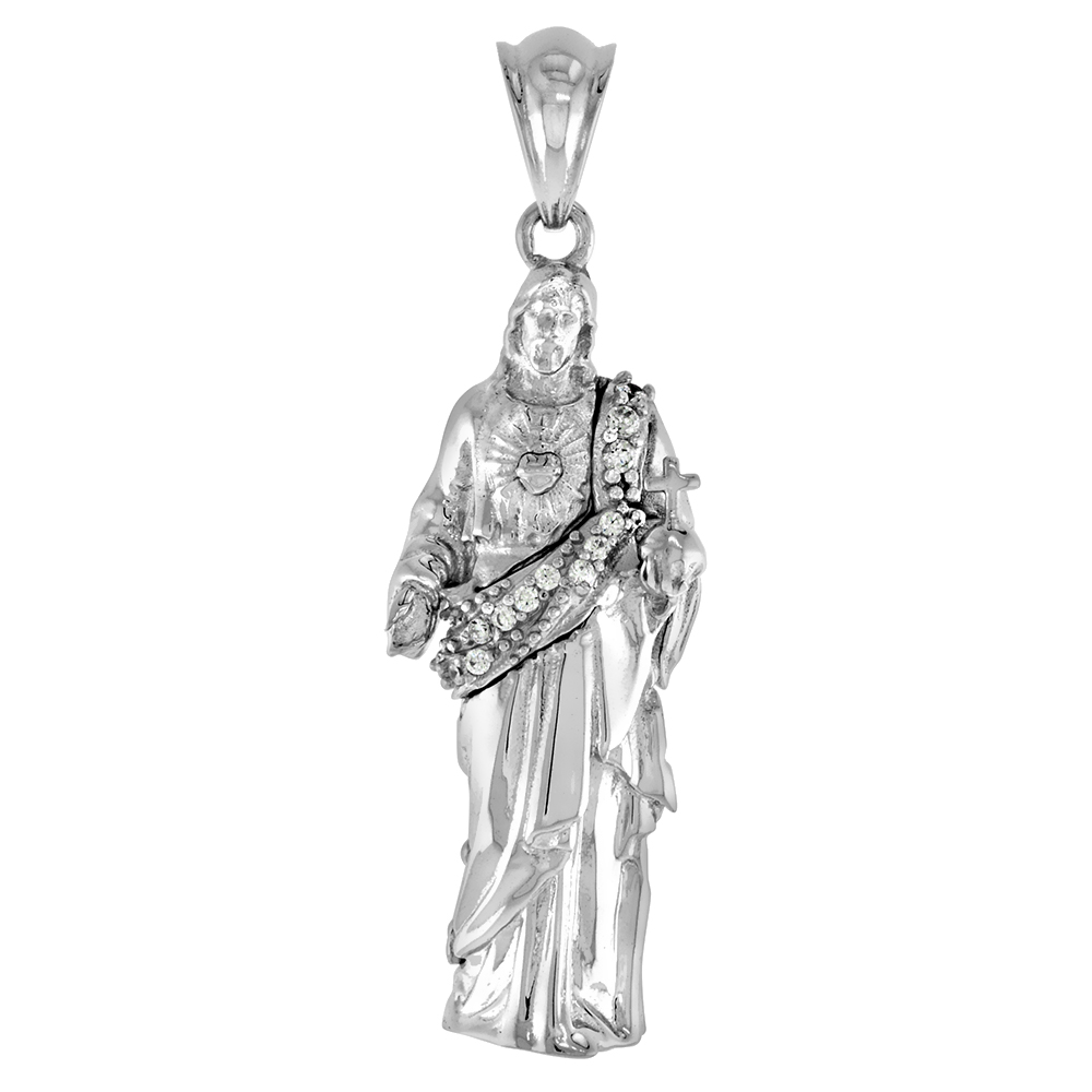 1 1/4 inch Sterling Silver CZ Robe Full Body Sacred Heart of Jesus Pendant for Men & Women Rhodium Finish