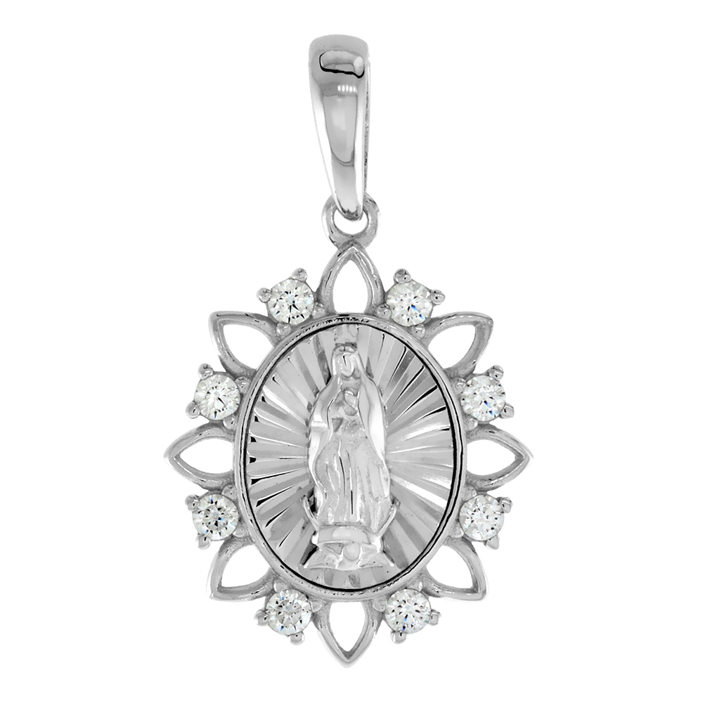3/4 INCH STERLING SILVER MICROPAVE CZ FLOWER PETALS VIRGIN OF GUADALUPE PENDANT FOR WOMEN DIAMOND CUT AUREOLE SUNRAYS BEZEL RHODIUM FINISH OVAL