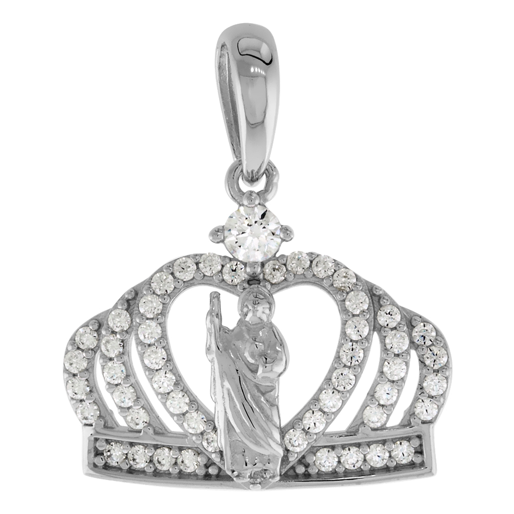 3/4 inch Sterling Silver Micropave CZ St Jude Crown Pendant for Women Rhodium Finish 3/4 wide