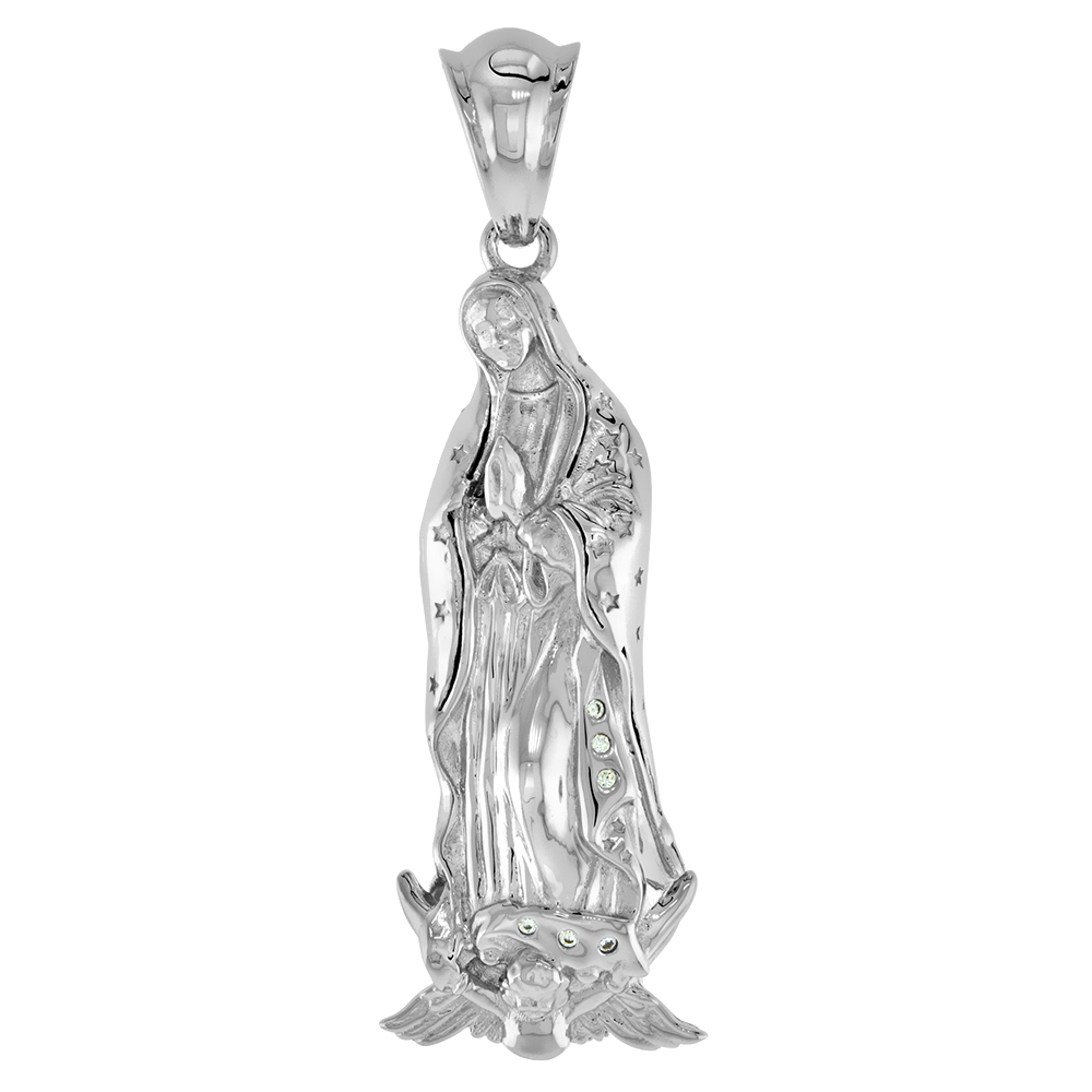 2 INCH LARGE STERLING SILVER CZ FULL BODY OUR LADY OF GUADALUPE PENDANT FOR MEN & WOMEN RHODIUM FINISH