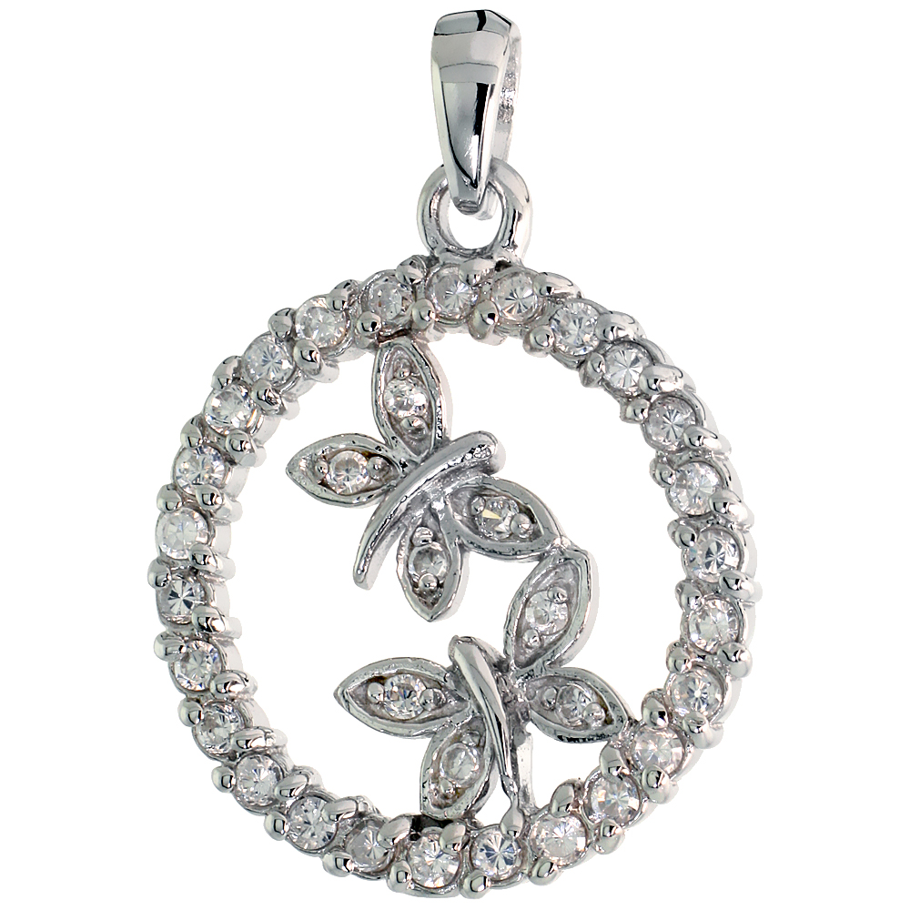 STERLING SILVER DOUBLE BUTTERFLY PENDANT W/ PAVE CZ STONES, 1" (25 MM) TALL