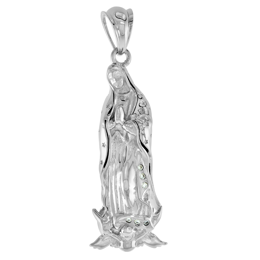 1.5 inch Sterling Silver CZ Full Body Our Lady of Guadalupe Pendant for Men & Women Rhodium Finish