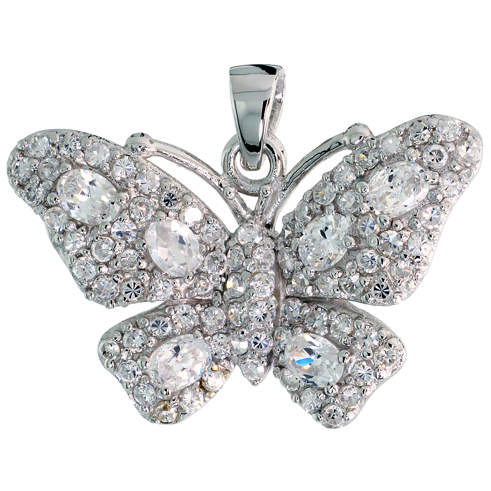 STERLING SILVER BUTTERFLY PENDANT W/ PAVE CZ STONES, 3/4" (19 MM) TALL