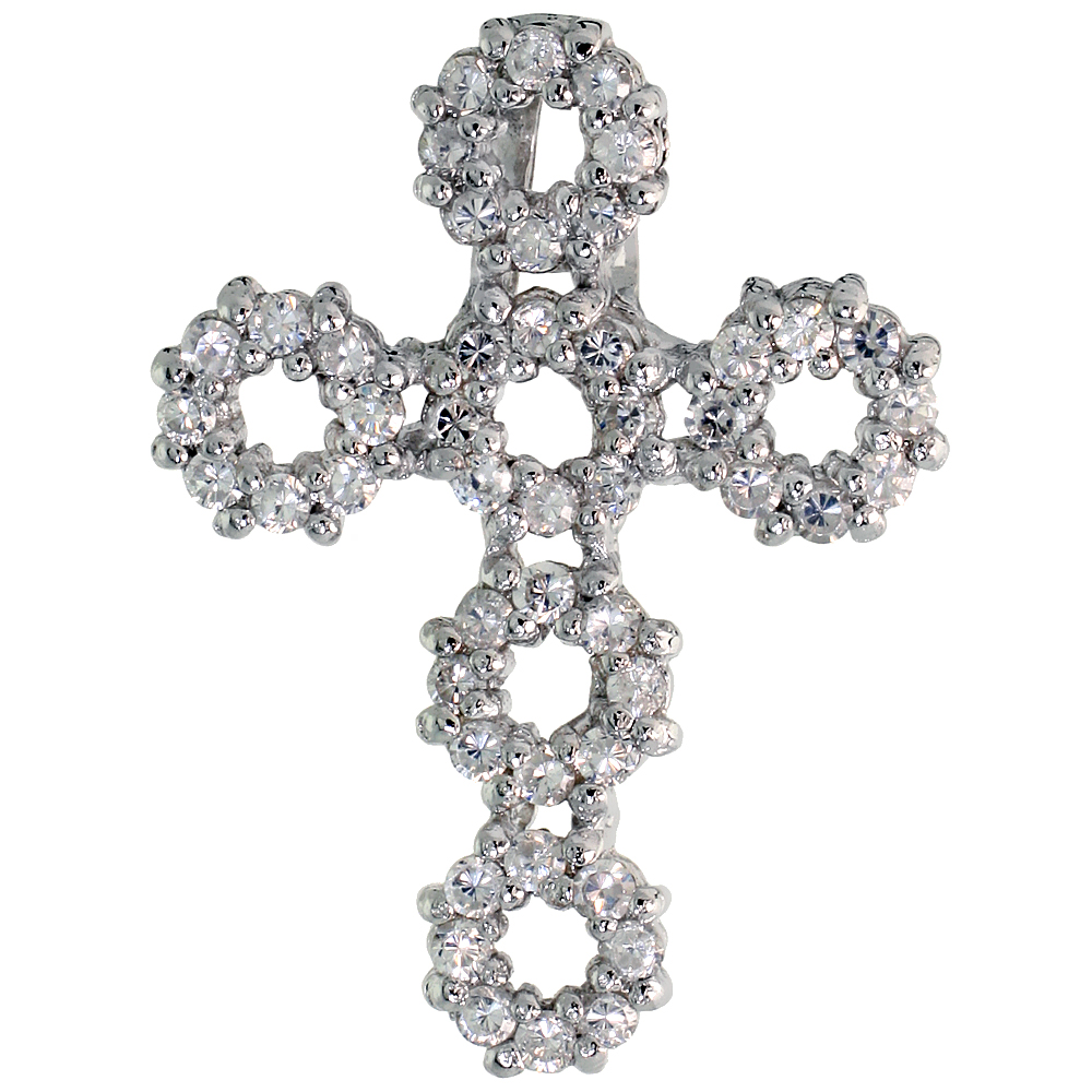 STERLING SILVER CIRCLES CROSS SLIDER PENDANT W/ PAVE CZ STONES, 1" (26 MM) TALL