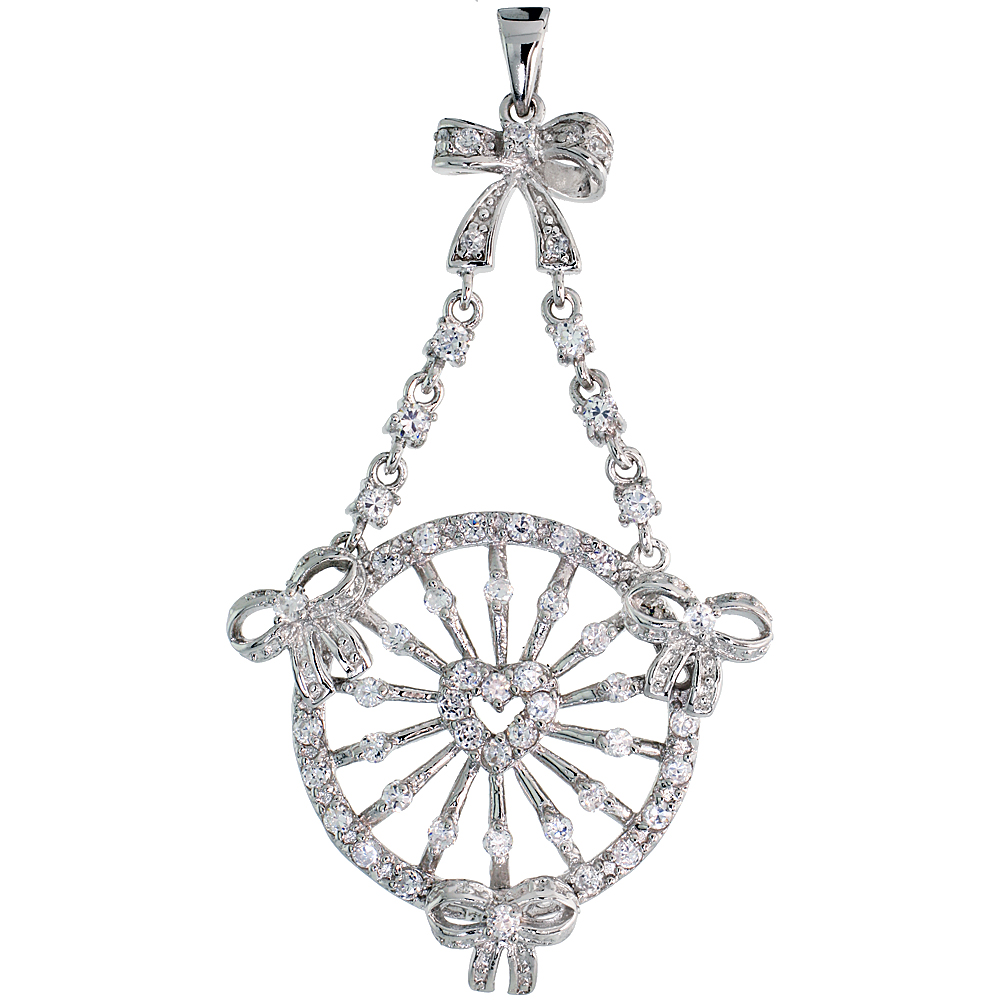 STERLING SILVER WREATH PENDANT W/ HEART & BOW RIBBONS & PAVE CZ STONES, 2 1/4" (57 MM) TALL