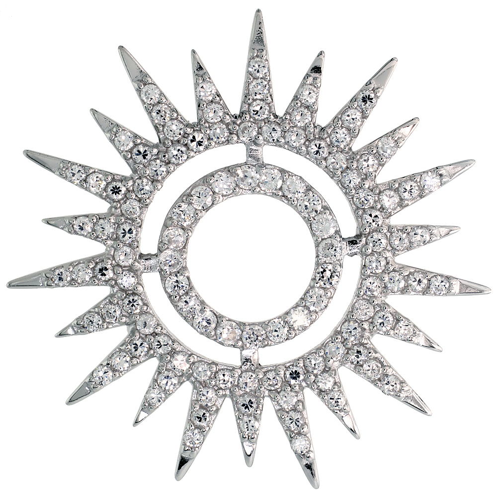 STERLING SILVER SUNBURST SLIDER PENDANT W/ PAVE CZ STONES, 1 9/16" (40 MM) TALL