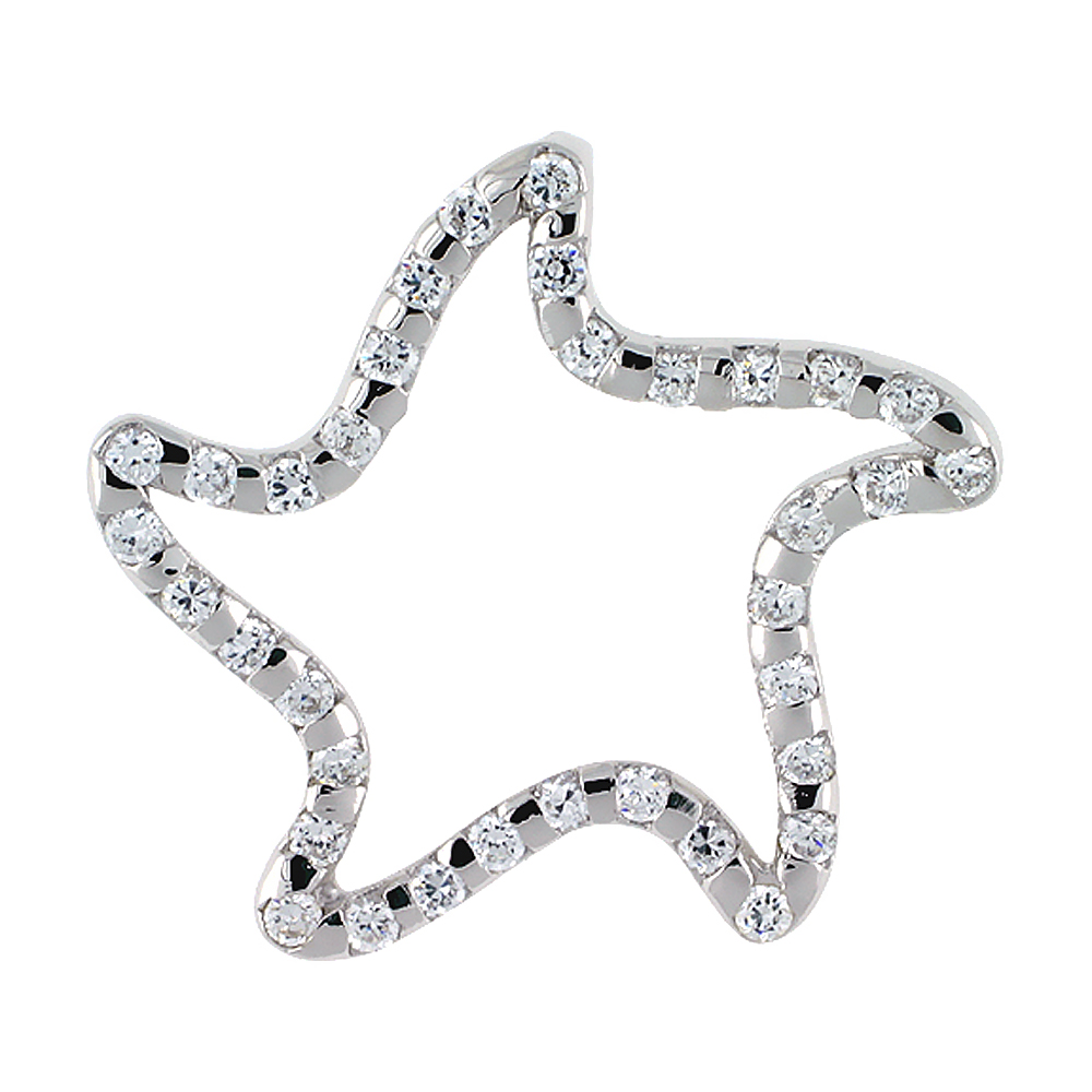 STERLING SILVER STAR CUT OUT PENDANT, W/ BRILLIANT CUT CZ STONES, 1 1/4" (32 MM) TALL, W/ 18" THIN SNAKE CHAIN