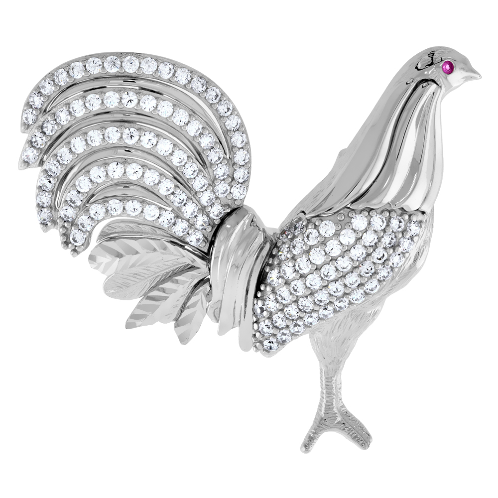 LARGE STERLING SILVER MICROPAVE CZ HEN CHICKEN PENDANT FOR MEN RED EYE RHODIUM FINISH 1 1/2 INCH TALL