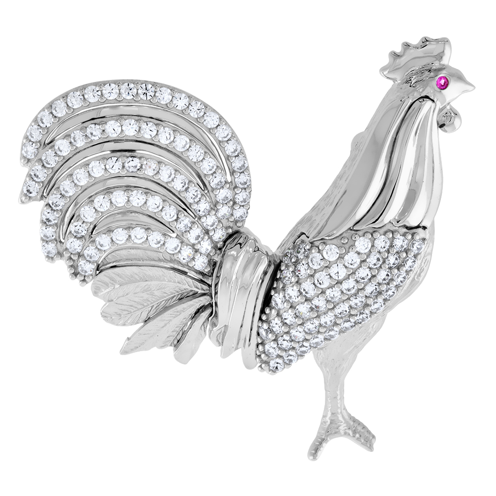 LARGE STERLING SILVER MICROPAVE CZ ROOSTER PENDANT FOR MEN RED EYE RHODIUM FINISH 1 3/4 INCH TALL