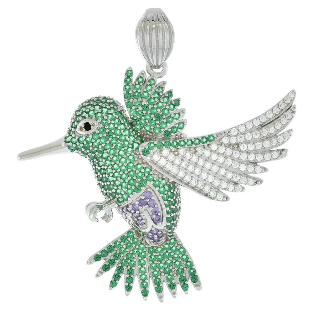 STERLING SILVER MICROPAVE CZ GREEN & PURPLE HUMMINGBIRD PENDANT FOR WOMEN RHODIUM FINISH 1 1/4 INCH TALL
