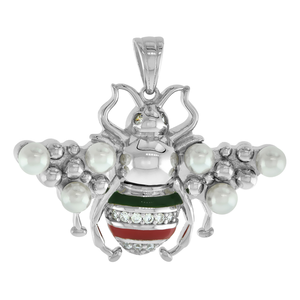 STERLING SILVER MICROPAVE CZ MEXICAN BEE PENDANT FOR WOMEN FAUX PEARL WINGS GREEN RED STRIPES RHODIUM FINISH 3/4 INCH TALL