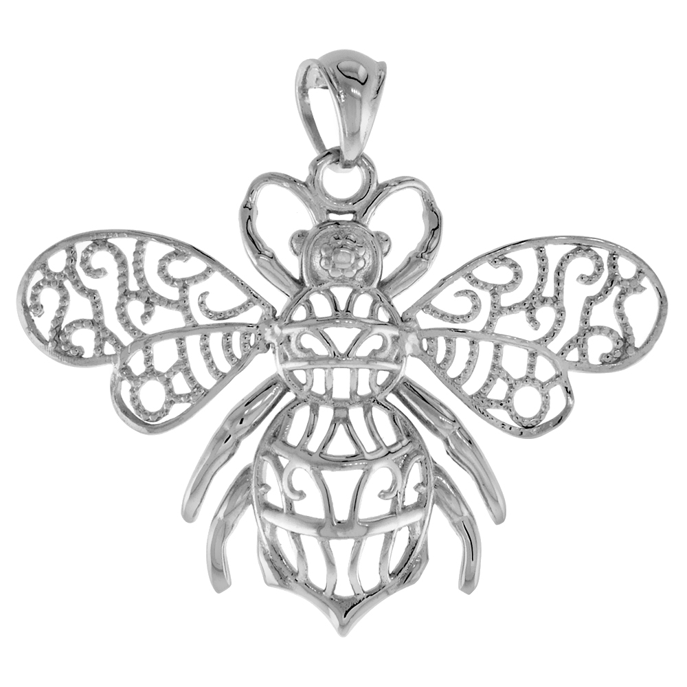 STERLING SILVER TEXTURED OPEN FILIGREE BEE PENDANT FOR WOMEN RHODIUM FINISH 3/4 INCH TALL