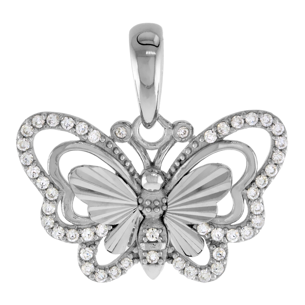SMALL STERLING SILVER MICROPAVE CZ BUTTERFLY PENDANT FOR WOMEN RHODIUM FINISH 1/2 INCH TALL