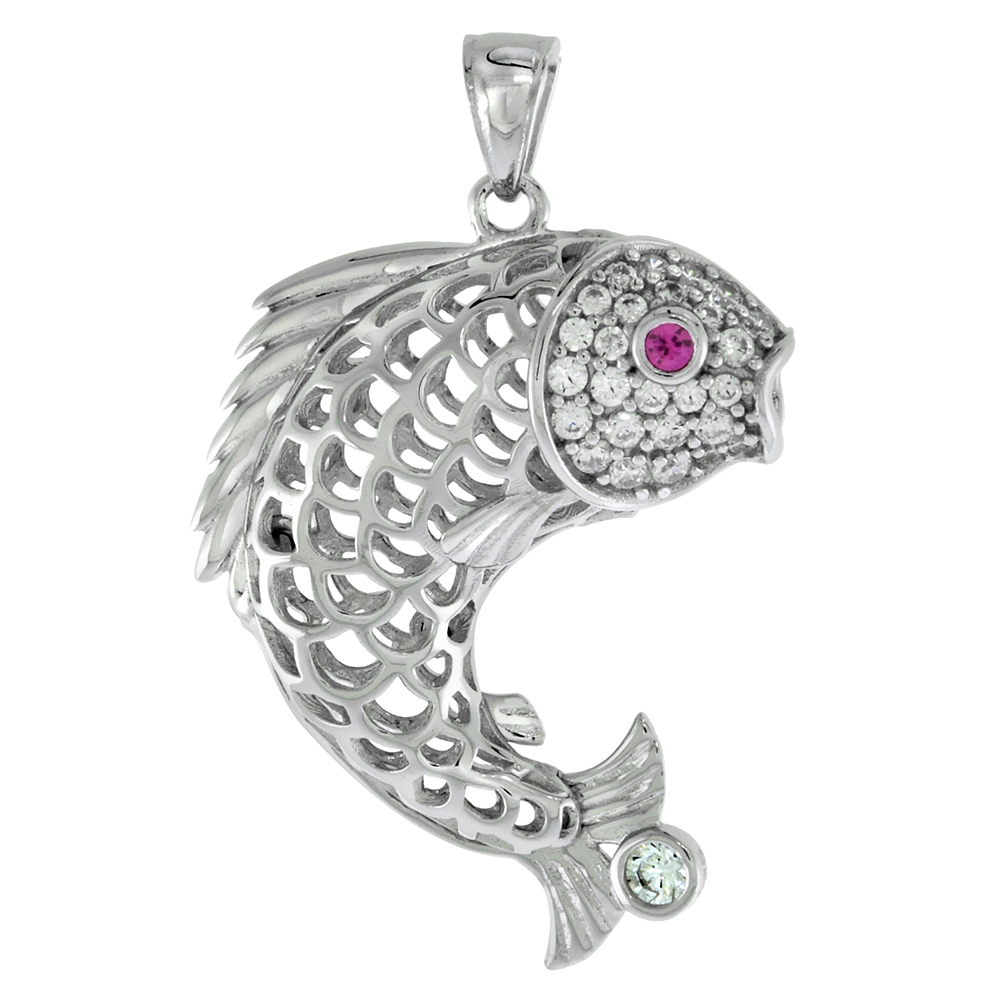 Sterling Silver Micropave CZ Koi Fish Pendant for Women Red Eye Rhodium Finish 1 inch tall