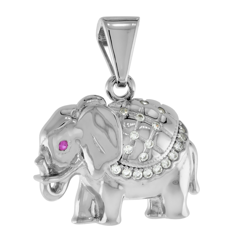 STERLING SILVER MICROPAVE CZ ELEPHANT PENDANT FOR WOMEN RHODIUM FINISH 1/2 INCH TALL