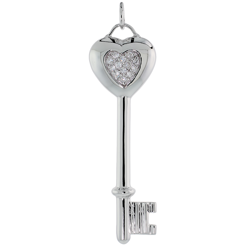 STERLING SILVER JEWELED KEY-TO-MY-HEART CZ PENDANT, 2 3/16" (55 MM) TALL
