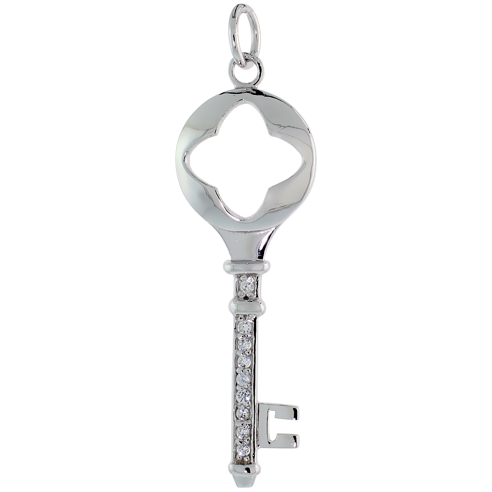 STERLING SILVER JEWELED CLOVER CUT OUT KEY PENDANT W/ CZ STONES, 1 3/4" (44 MM) TALL