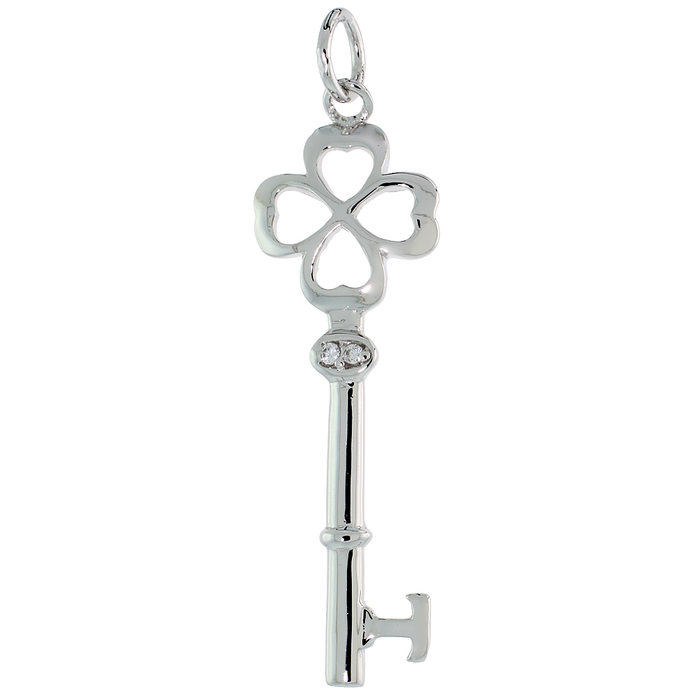 STERLING SILVER JEWELED SHAMROCK KEY PENDANT W/ CZ STONES, 1 5/8" (42 MM) TALL