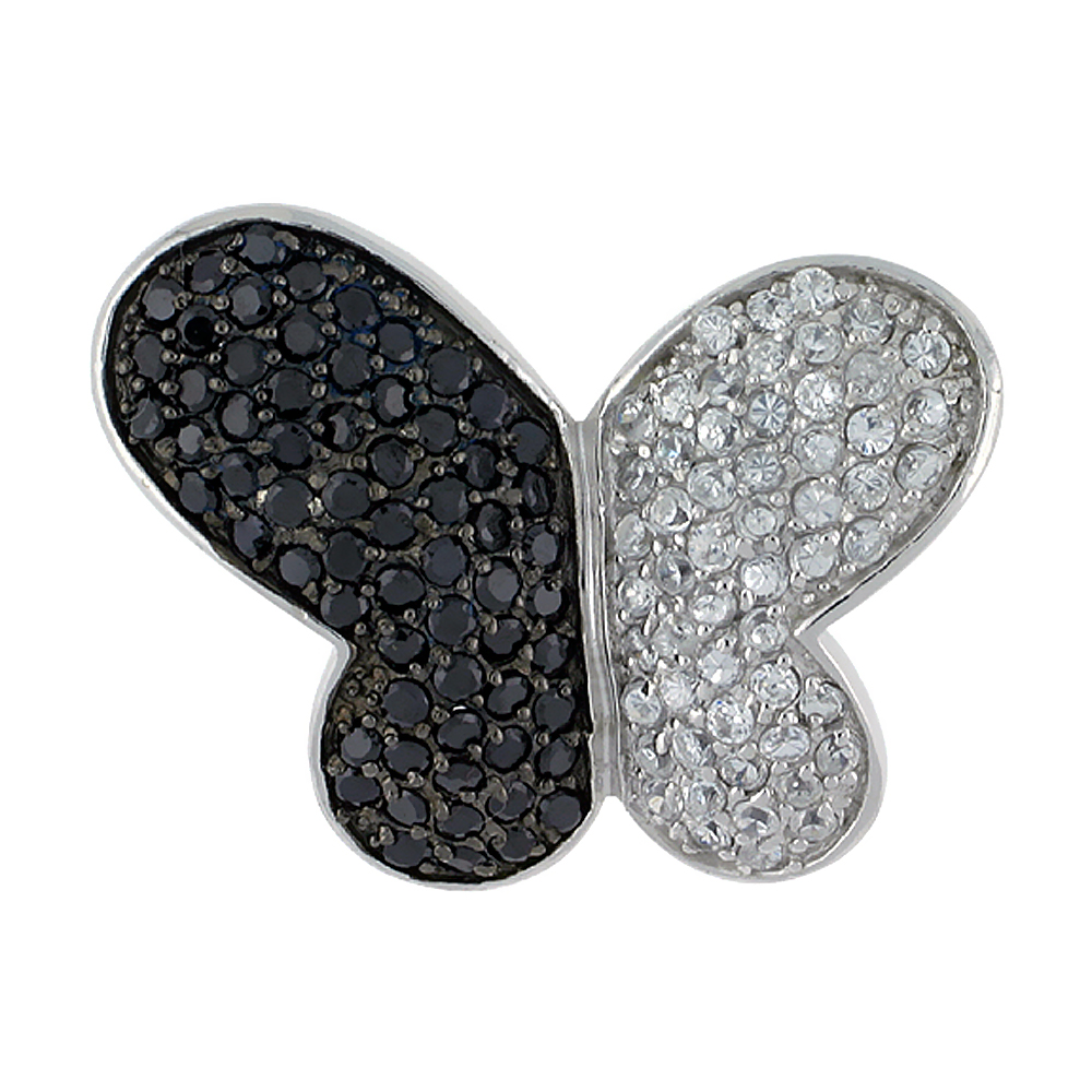 STERLING SILVER BUTTERFLY PENDANT, W/ BRILLIANT CUT CLEAR & BLACK CZ STONES, 15/16" (24 MM) TALL, W/ 18" THIN SNAKE CHAIN